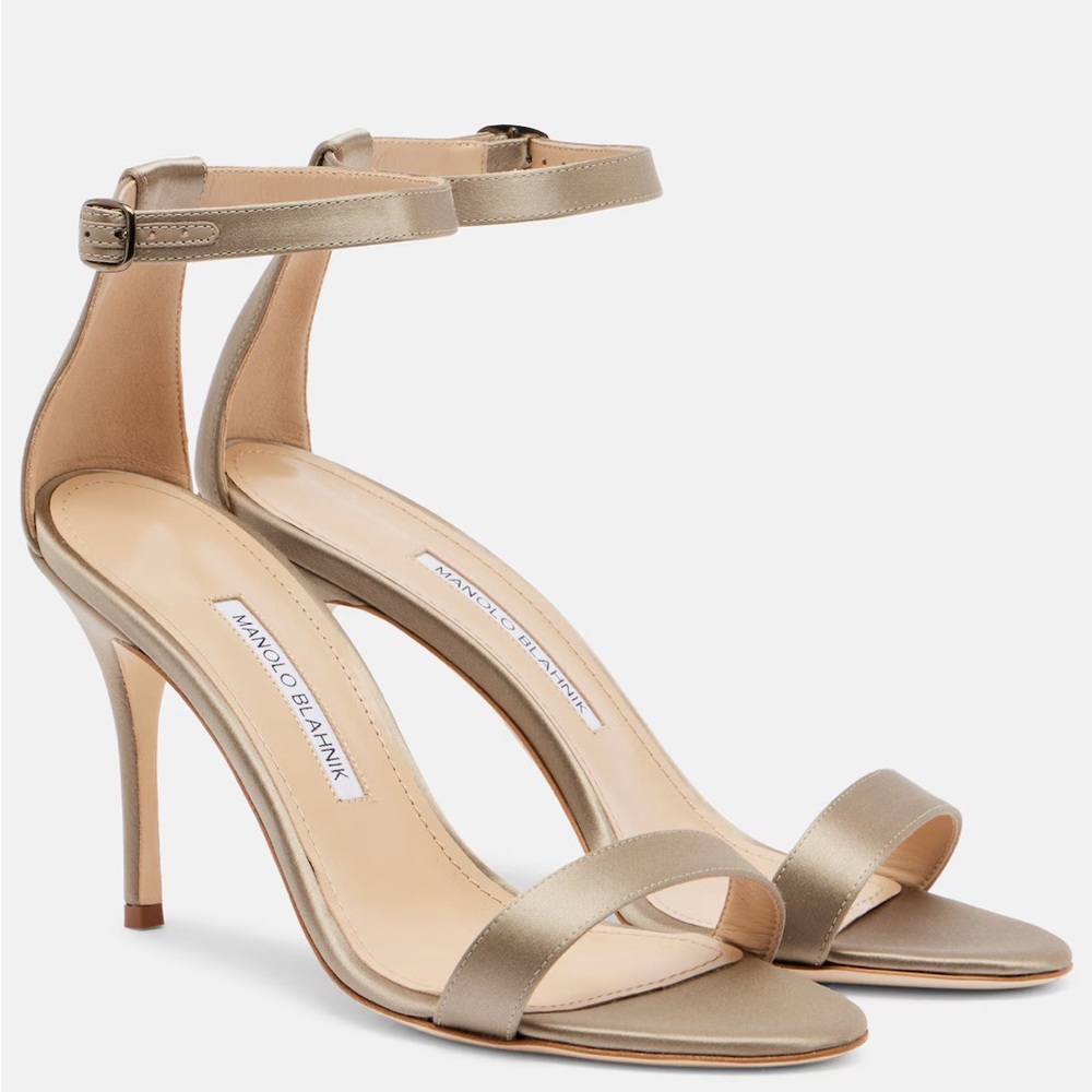 Manolo Blahnik Metallic Satin Ankle-Strap Stiletto Sandals